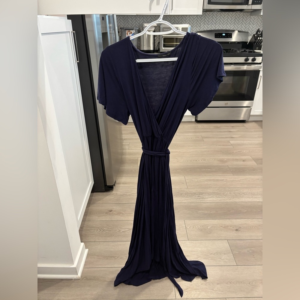 Navy V Neck Short Sleeve Maxi Dress